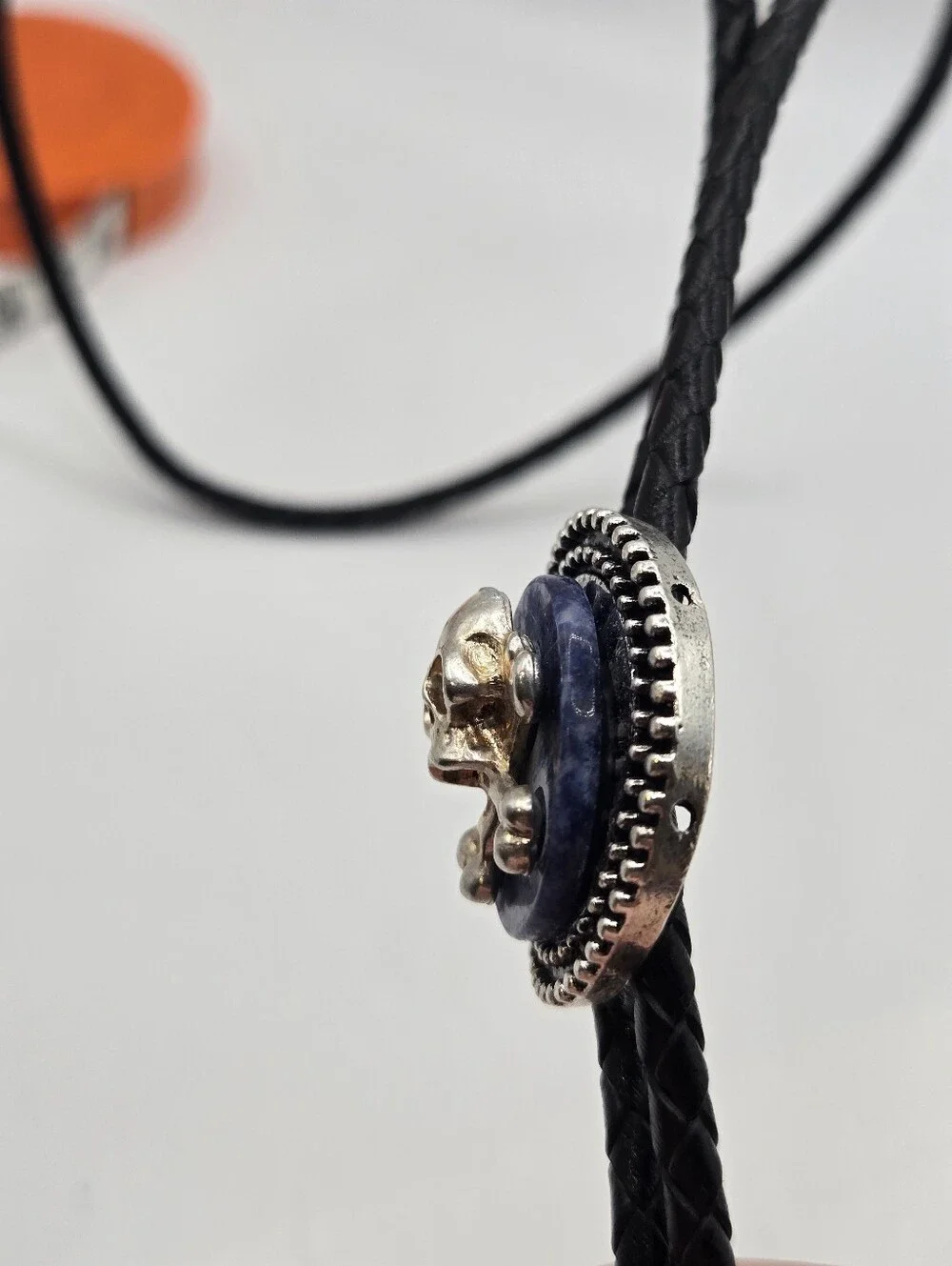 Lapis Silver Skull Western Bolo Tie Punk Pirate Goth Leather Braid Rockstar 70s